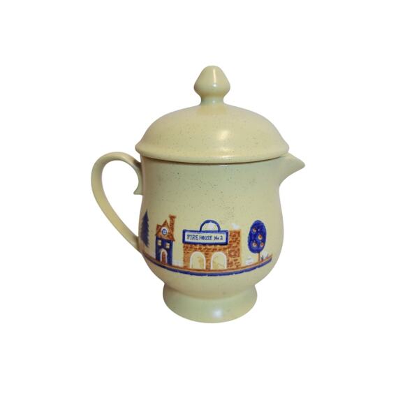 Vintage stoneware coffee cream pourer Firehouse No 2 countryside scene with lid - Picture 1 of 4
